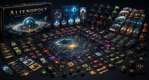 Everything in the box: the game board, six commander fleets, card decks, resource tokens, dice, flags and the rulebook